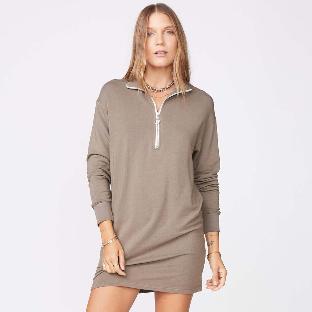 Monrow Half Zip Sweatshirt Dress in Dusty Olive size M